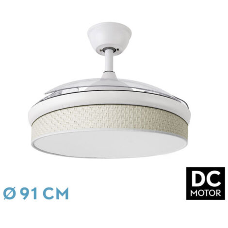 Abrila - Ventilador DC MODA Color Blanco con tres Aspas Desplegables ABS y Difusor Cañizo Blanco 6 Velocidades Ajustables 3 Temperaturas de Luz con Temporizador y Mando a Distancia Incluido