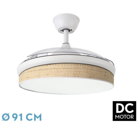 Abrila - Ventilador DC MODA Color Blanco con tres Aspas Desplegables ABS y Difusor Cañizo Claro 6 Velocidades Ajustables 3 Temperaturas de Luz con Temporizador y Mando a Distancia Incluido