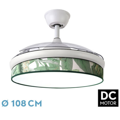 Abrila - Ventilador DC MODA Color Blanco con tres Aspas Desplegables ABS y Difusor de Hoja Verde 6 Velocidades Ajustables 3 Temperaturas de Luz con Temporizador y Mando a Distancia Incluido