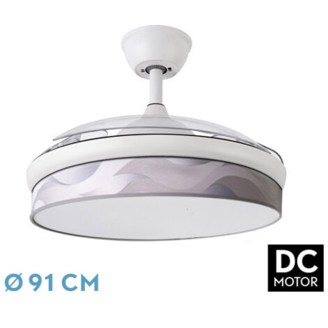 Abrila - Ventilador DC MODA Color Blanco con tres Aspas Desplegables ABS y Difusor Ola Gris 6 Velocidades Ajustables 3 Temperaturas de Luz con Temporizador y Mando a Distancia Incluido