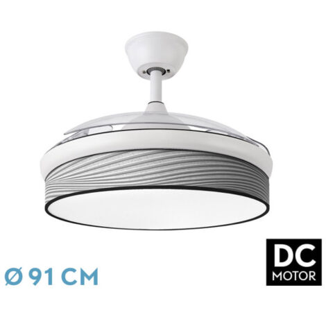 Abrila - Ventilador DC MODA Color Blanco con tres Aspas Desplegables ABS y Difusor Surco Gris 6 Velocidades Ajustables 3 Temperaturas de Luz con Temporizador y Mando a Distancia Incluido