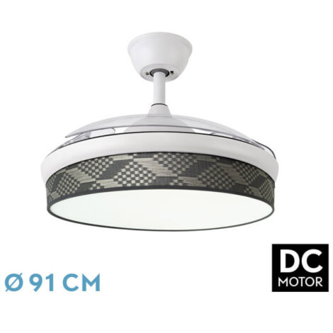 Abrila - Ventilador DC MODA Color Negro con tres Aspas Desplegables ABS y Difusor Amarillo 6 Velocidades Ajustables 3 Temperaturas de Luz con Temporizador y Mando a Distancia Incluido