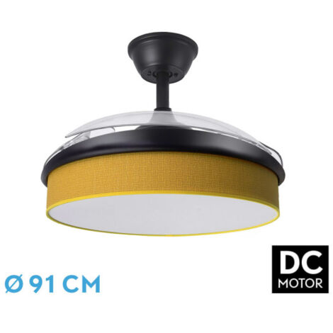 Abrila - Ventilador DC MODA Color Negro con tres Aspas Desplegables ABS y Difusor Amarillo 6 Velocidades Ajustables 3 Temperaturas de Luz con Temporizador y Mando a Distancia Incluido