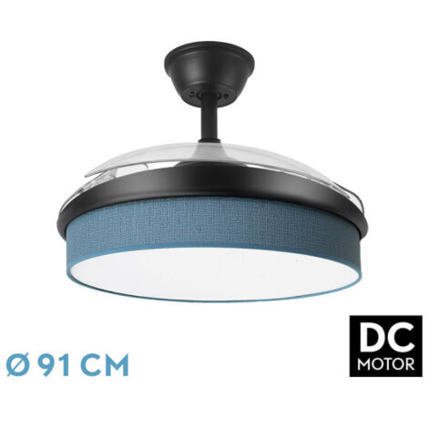 Abrila - Ventilador DC MODA Color Negro con tres Aspas Desplegables ABS y Difusor Azul 6 Velocidades Ajustables 3 Temperaturas de Luz con Temporizador y Mando a Distancia Incluido