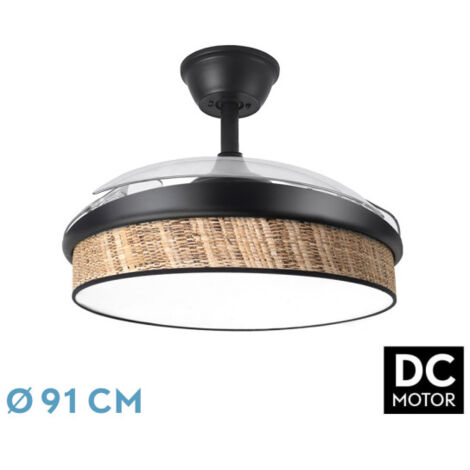 Abrila - Ventilador DC MODA Color Negro con tres Aspas Desplegables ABS y Difusor Cañizo Oscuro 6 Velocidades Ajustables 3 Temperaturas de Luz con Temporizador y Mando a Distancia Incluido