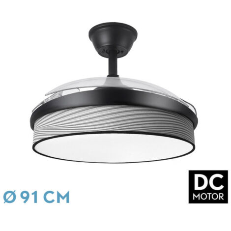 Abrila - Ventilador DC MODA Color Negro con tres Aspas Desplegables ABS y Difusor Surco Gris 6 Velocidades Ajustables 3 Temperaturas de Luz con Temporizador y Mando a Distancia Incluido
