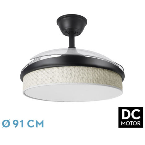 Abrila - Ventilador DC MODA Color Negro con tres Aspas Desplegables ABS y Difusor Surco Gris 6 Velocidades Ajustables 3 Temperaturas de Luz con Temporizador y Mando a Distancia Incluido