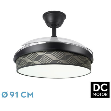Abrila - Ventilador DC MODA Color Negro con tres Aspas Desplegables ABS y Difusor Tetris Gris 6 Velocidades Ajustables 3 Temperaturas de Luz con Temporizador y Mando a Distancia Incluido