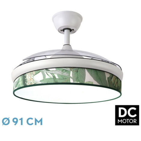 Abrila - Ventilador de techo DC MODA Color Blanco con tres Aspas Desplegable, Difusor de Hoja Verde 6 Velocidades Ajustables 3 Temperaturas de Luz con Temporizador y Mando a Distancia Incluido