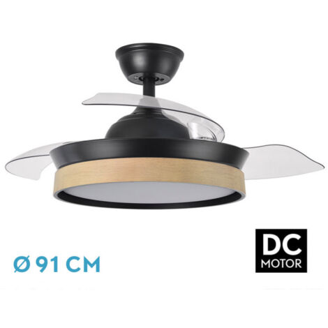 Abrila -Ventilator DC IGLU - Schwarz mit drei Buchenholzlamellen  mit 6 einstellbaren Geschwindigkeiten  3 Temperaturen of Licht wählbar  Fernbedienung inklusive