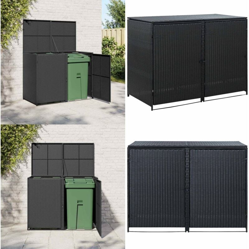 Abris pour poubelle double Résine tressée Noir 148x80x111 cm - Abri Poubelle - Abri Jardin - Abri Extérieure - Rangement Jardin - Coffre Poubelle
