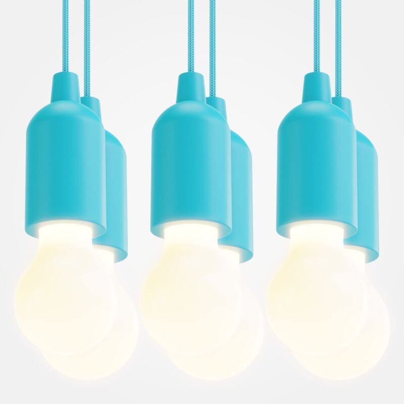 Image of Absina - 6x Lampadina portatile led blu 1W - lampadina a batteria con accensione a strappo incl. batterie - luce bianca calda - lampadina con filo da