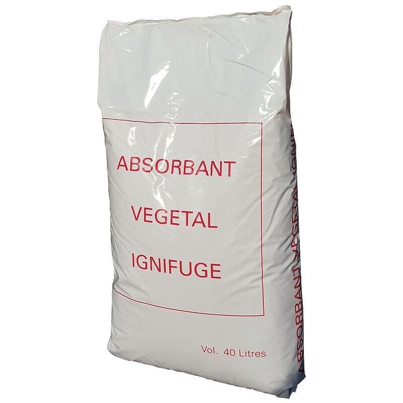 Absorbant végétal ignifugé, absorbe 420% et 350% de son poids en eau et gasoil et 80% en volume, sac de 40l
