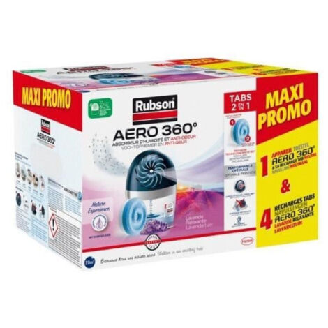 Absorbedor de humedad - RUBSON - MAXI PROMO - 4 recambios Lavanda + 1 aparato Aéro 360° 20 m²