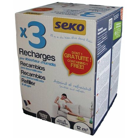 Absorbeur d'humidité 3 recharges 350g – Capacité 1 kg – Couverture jusqu'à 12 m² – Protection contre moisissures et odeurs – Seko