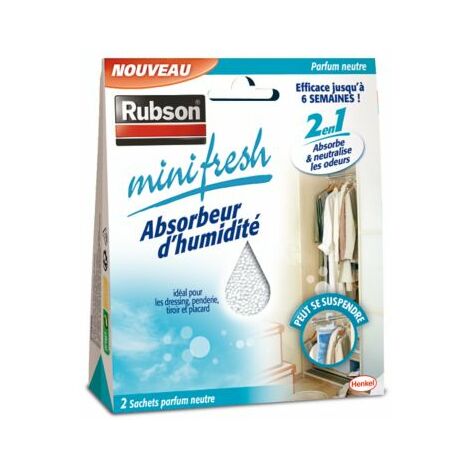 Rubson Minifresh Absorbeur d'Humidité en sachet, spécial placards, tiroirs, penderies, voitures - Absorbeur d'odeur 2 sachets parfum neutre de 50 g