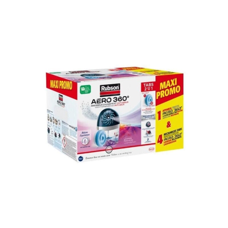 Rubson - Absorbeur d'humidité maxi promo - 4 recharges Lavande + 1 appareil Aéro 360° 20 m²