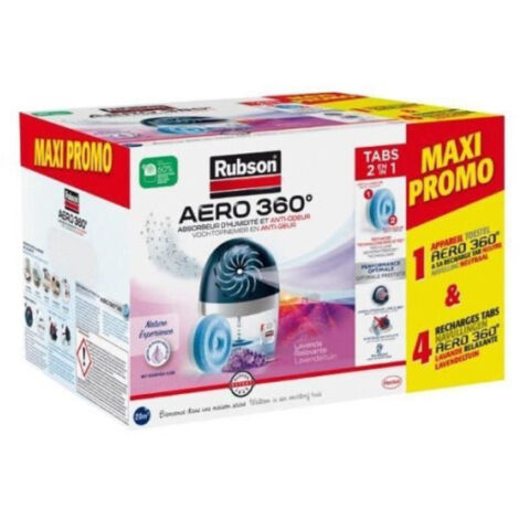 Absorbeur d'humidité - RUBSON - MAXI PROMO - 4 recharges Lavande + 1 appareil Aéro 360° 20 m²