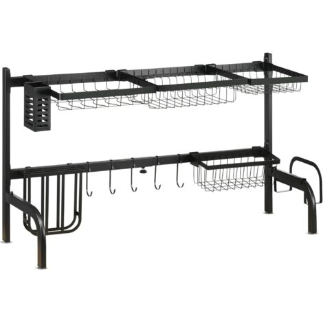 Abtropfgestell 2-stufiges Geschirr-Abtropfgitter mit Haken und Abtropfschale aus Stahl, Schwarz 51-93 cm für Küche