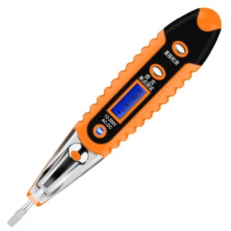 AC/DC 12-250V Spannungsprüfer mit Schraubendreher, LCD-Display und orangefarbenem Werkzeug