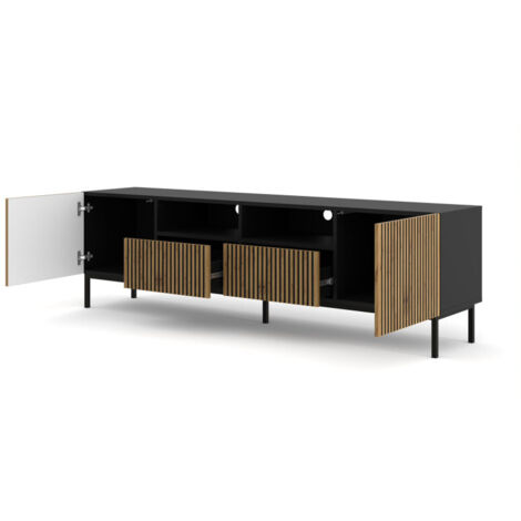 Ac-Deco – Meuble TV 200 cm avec 2 portes et 2 tiroirs – Finition bois noir – Système 'Push to open' – 2 niches pour câbles
