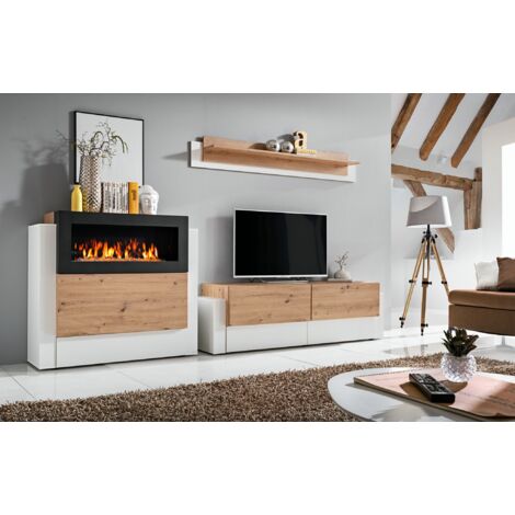 Ac-Deco – Meuble TV mural et buffet cheminée Queens – L 290 x P 45 x H 150 cm – Bois, PVC et métal – Finition blanche et beige – Cheminée bio intégrée