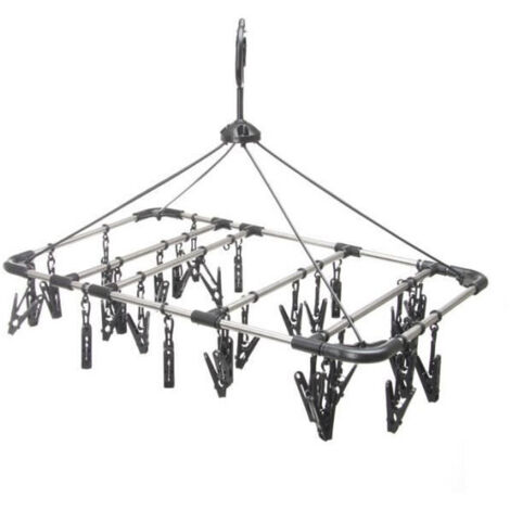 Ac-Deco – Séchoir à linge suspendu 32 pinces en acier inoxydable – Dimensions 52,5 x 31,5 x 39 cm ouvert – Accroche facile avec attaches mousqueton - 5five