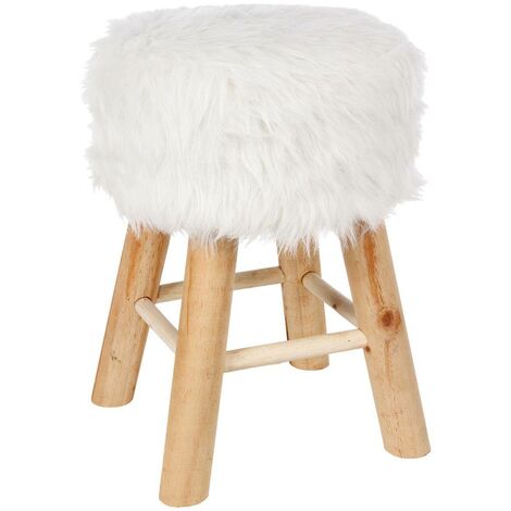 Ac-Deco – Tabouret en fourrure synthétique blanc – Dimensions 30cm diamètre x 42cm hauteur – Assise en polyester – Pieds en bois de pin
