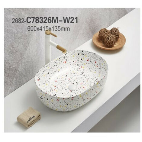 Ac-Deco – Vasque à poser en céramique imitation terrazzo – Ovale – L 60 x l 41,5 x H 13,5 cm – Pour salle de bain moderne
