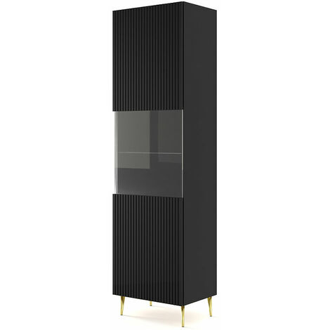 Ac-Deco – Vitrine de salon Ravenna 60x42x215 cm noir mat – Pieds en métal doré – 5 étagères dont 1 en verre – Système push-to-open - 60x42x215H