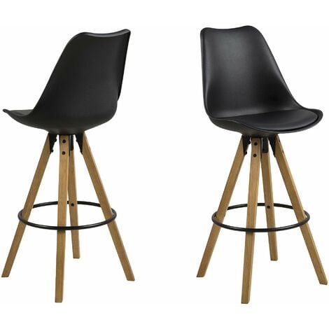 AC Design Furniture Nadia Sgabelli di Bar, al.: 111.5 x L: 48.5 x P.: 55 cm, Nero/Natural, PU/Legno, 2 pz
