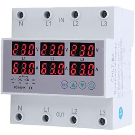 AC390-500V 3-Phasen-DIN-Schienen-Voltmeter-Amperemeter-Überstrom-Überspannungsschutz-Auto-Reset-Digitalanzeige-Spannung-Strom-Echtzeit (40A)