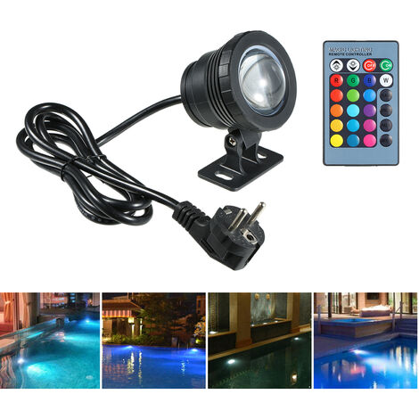 AC85-265V 10W RGB LED underwater light with remote control 16 couleurs changeantes 4 effets lumineux IP65 waterproof design Black Large Euro