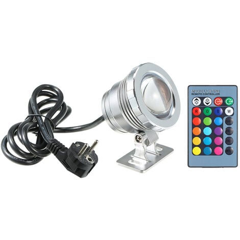 AC85-265V 20W (la puissance reelle est de 10W) ​​eclairage sous-marin a LED RVB avec telecommande, fonction de memoire de mise hors tension, 16 couleurs, 4 effets d'eclairage, conception etanche IP65, argent, norme europeenne