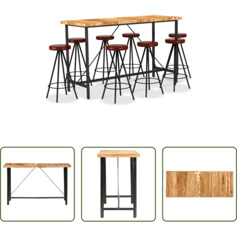Acacia -  Set muebles de bar 9 pzas madera maciza acacia cuero auténtico