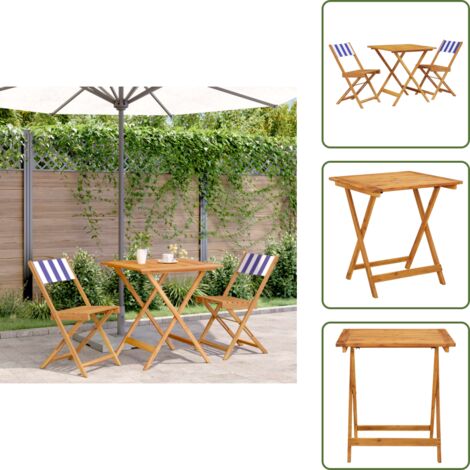 Acacia - vidaXL Juego de bistro de 3 piezas tela y madera maciza azul y blanco - Exterior