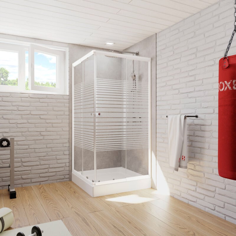 Accès d'angle droit 75-90 x 175 cm, portes de douche coulissantes, Sunny Schulte décor rayures horizontales, verre 4 mm, profilé blanc