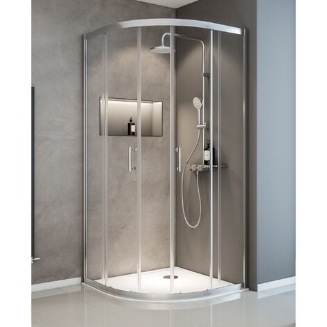 Accès d'angle arrondi 90 x 90 x 190 cm avec portes de douche coulissantes, 5 mm, Sunny, Schulte, verre transparent, profilé aspect chromé