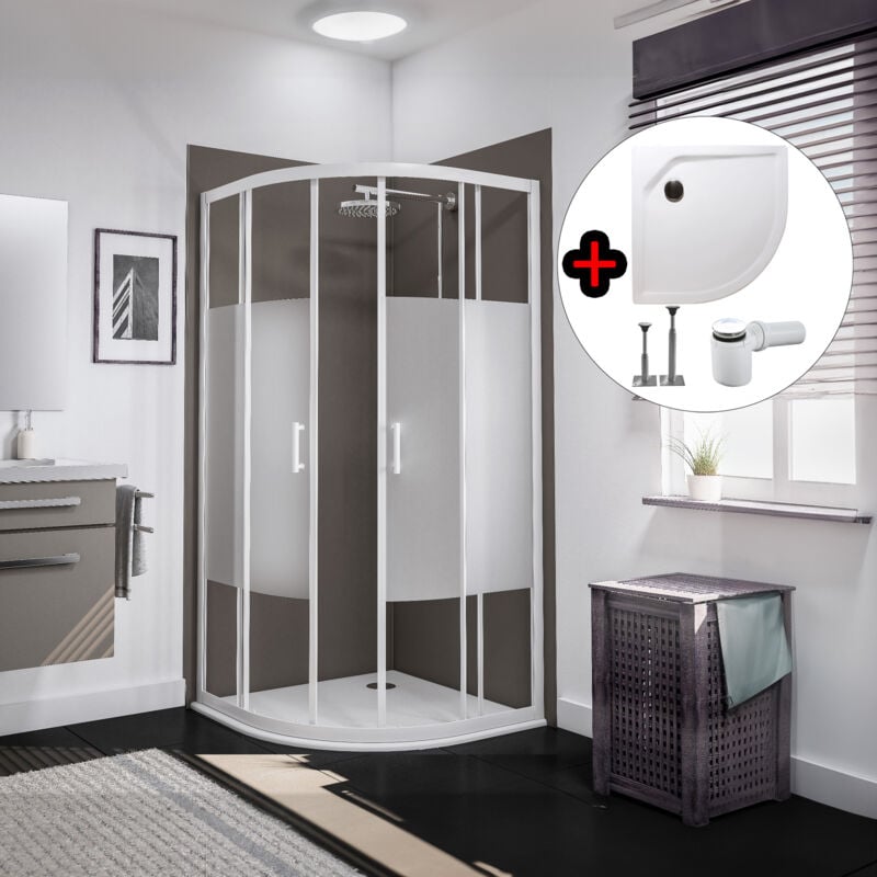 Accès d'angle arrondi 90 x 90 x 190 cm avec portes de douche coulissantes + receveur, 5 mm, Sunny Schulte verre sablé au milieu, profilé blanc