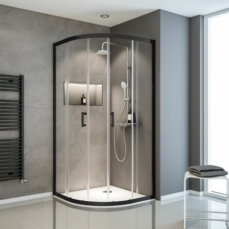 Schulte – Cabine de douche d'angle arrondi 90 x 90 x 190 cm – Verre de sécurité 5 mm transparent – Portes coulissantes – Profilé alu noir mat