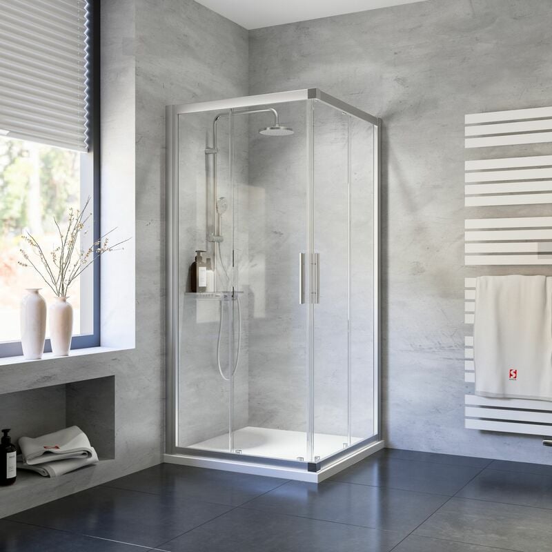 Accès d'angle droit avec portes de douche coulissantes, verre 5 mm, profilé alu argenté Schulte 90 x 90 x 185 cm
