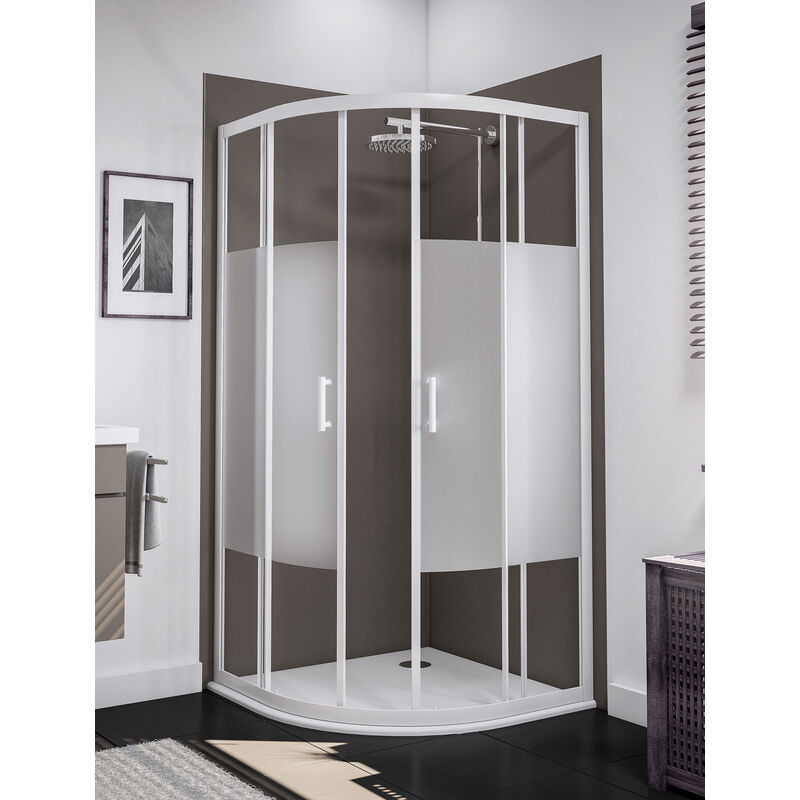 Schulte - Accès d'angle arrondi 90 x 90 x 190 cm avec portes de douche coulissantes, 5 mm, Sunny verre sablé au milieu, profilé blanc