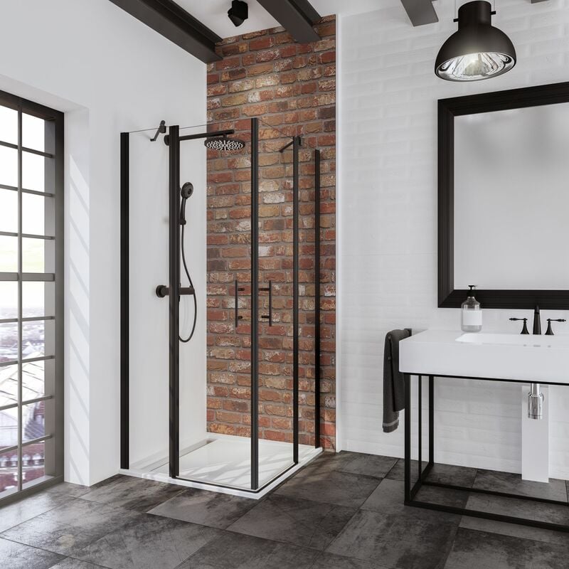 Accès d'angle droit avec portes de douche battantes, verre 5 mm transparent anticalcaire, profilé noir, style industriel Schulte 90 x 90 cm