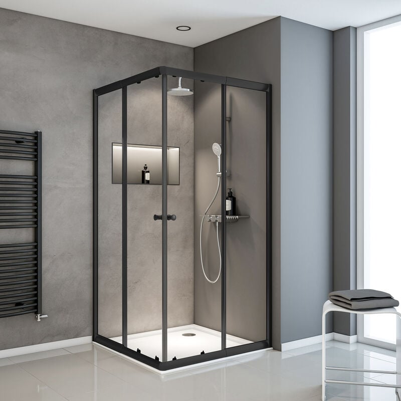 Schulte - Accès d'angle droit avec portes de douche coulissantes, 75 x 90 - 75 x 90 cm x 180 cm, verre 4 mm, Sunny profilé noir, verre transparent