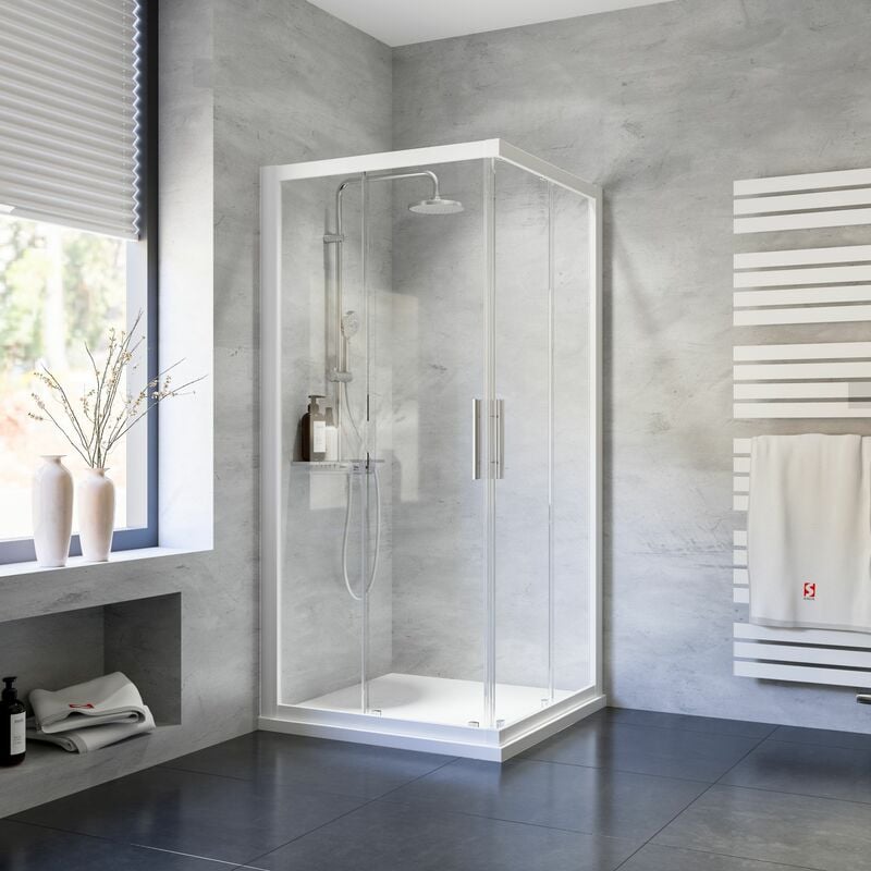 Accès d'angle droit avec portes de douche coulissantes, verre 5 mm, profilé blanc Schulte 90 x 90 x 185 cm