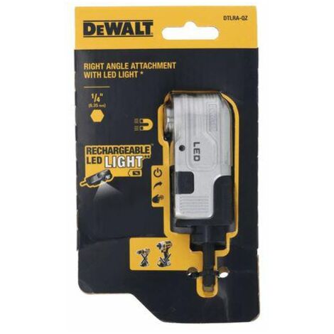 Accesorio angular hexagonal DeWalt con iluminación LED, adaptador de ángulo de 1/4" para atornilladores y taladros, diseño compacto y ergonómico, ideal para espacios reducidos.