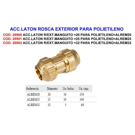 Accesorio de latón para extensión de manguito 20 para polietileno ALREM 20