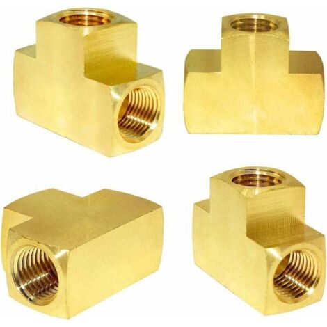 Accesorio de tubo de latón en forma de T de 3 vías, 1/4 x 1/4 x 1/4 NPT (cantidad 4)