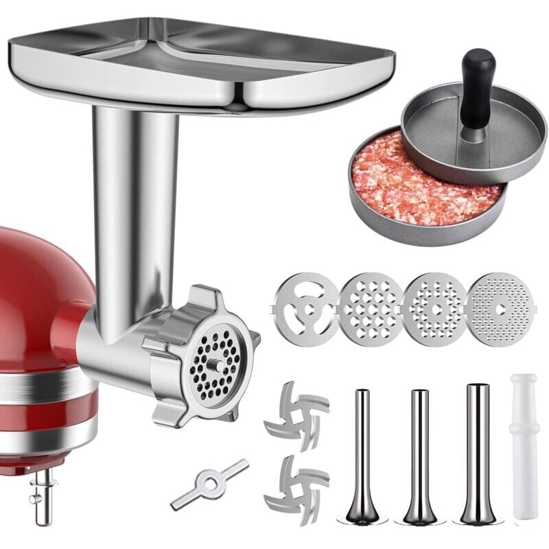 SNQ - Accessoire de hachoir à nourriture en métal pour mélangeurs sur socle KitchenAid Hachoir à viande, poussoir à saucisses, comprenant 3