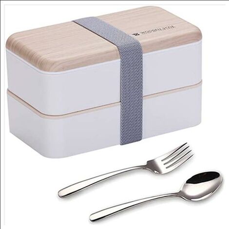 Accessoire de rangement pour cuisine bento Repas Boîte à Lunch Boîte à Déjeuner gouter Bundle Divider Style Japonais Lunch Box avec Une cuillère et Une Fourchette en Acier Inoxydable (Blanc)